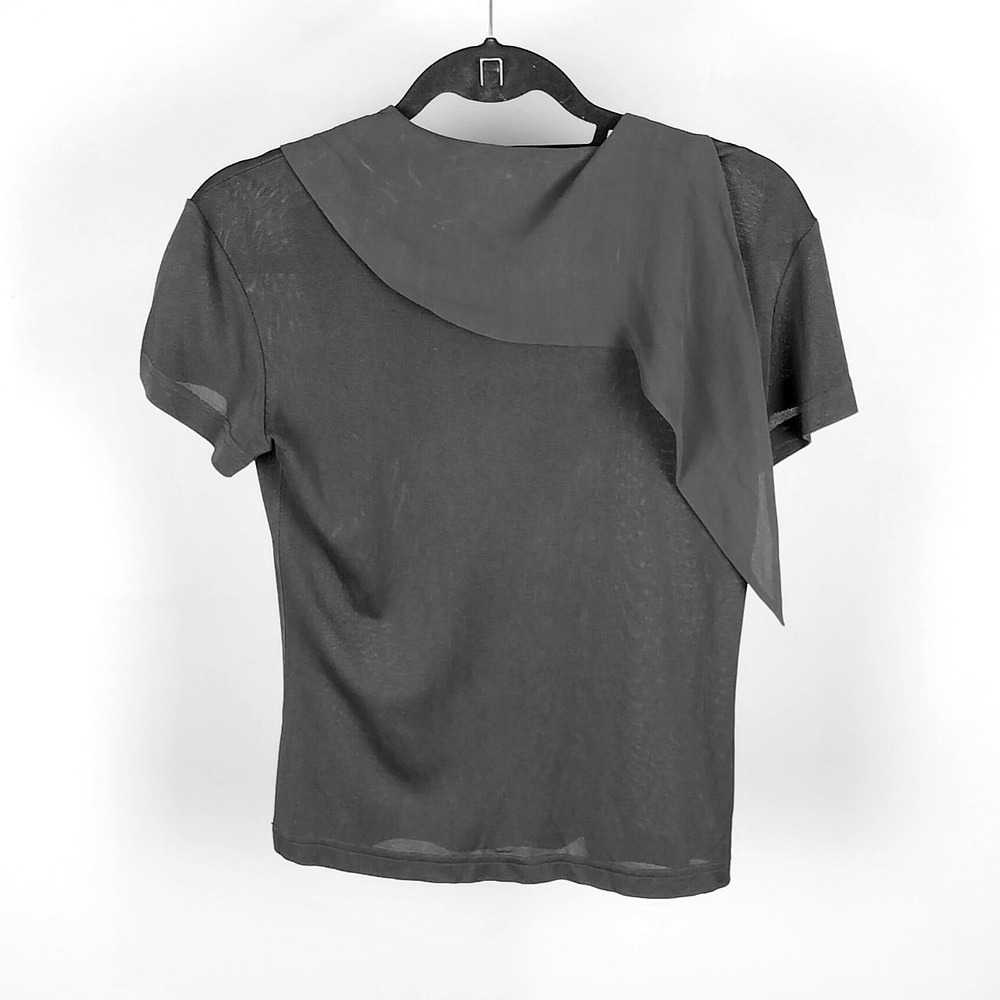 Silk Draped Scarf Neck Mesh Top Charcoal Womens 2 Workers for Freedom